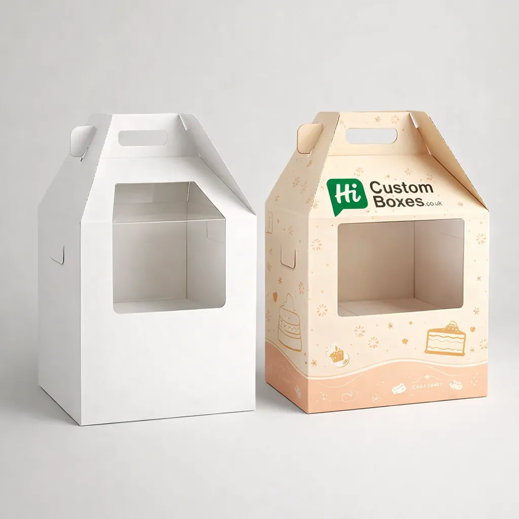 Two tall white and patterned gable boxes with handles and transparent windows for viewing cakes. class=